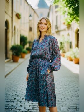 JODIFL Blue Floral Long-Sleeve Midi Dress Large